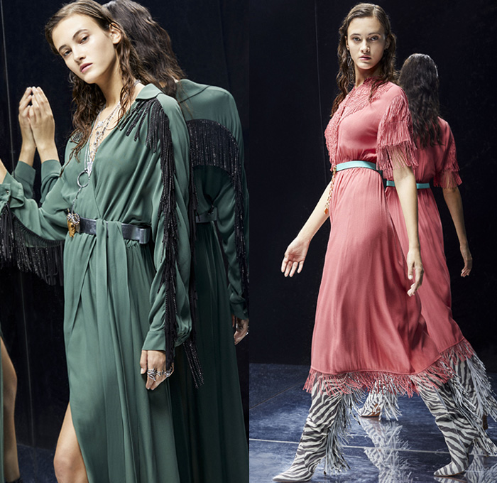 Just Cavalli 2019 Pre-Fall Autumn Womens Lookbook Presentation - Quilted Denim Jeans Coat Blazer Animalia Leopard Tiger Stripes Snakeskin Leather Jacket Kimono Robe Strapless Dress Cape Halterneck Accordion Pleats Embroidery Bedazzled Sequins Beads Studs Fringes Ruffles Plaid Check Flowers Floral Cowhide Knit Cardigan Blouse Miniskirt Sweater Bike Cycling Shorts Leggings Western Wrapped Boots Suede Handbag Fanny Pack Waist Pouch Bum Bag