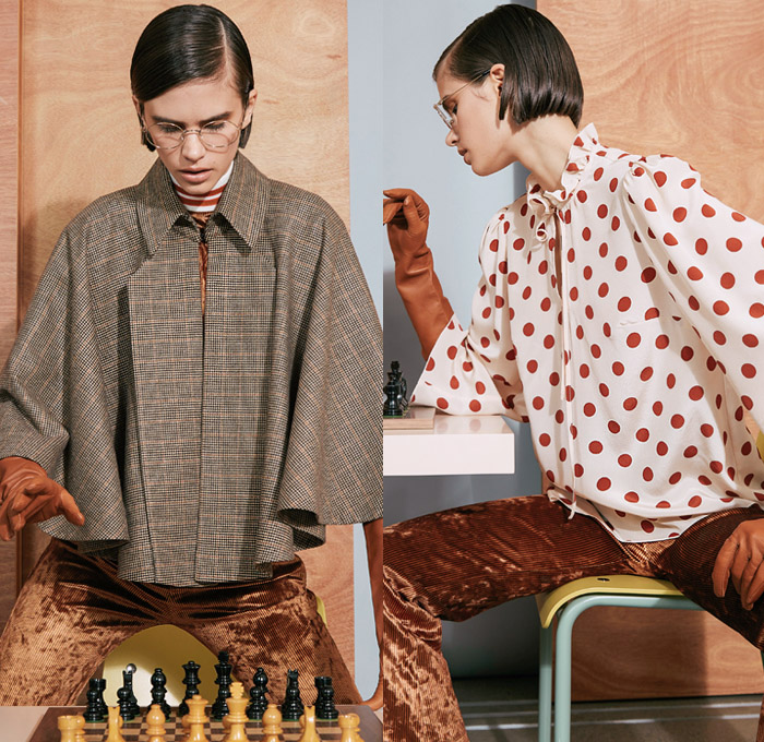 Karen Walker 2019 Pre-Fall Autumn Womens Lookbook Presentation New York - Onwards and Upwards - Chess Master Game Board Check Print Graphic Denim Jeans Comber Jacket Ruffles Frayed Raw Hem Skirt Pointed Collar Wide Sleeves Polka Dots Flap Pockets Asymmetrical Blazer Cape Herringbone Corduroy Pants Fringes Tie Up Front Knot Lace Embroidery Sheer Tulle Dress Gown Opera Gloves 