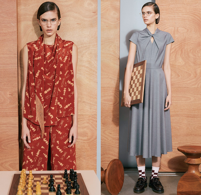 Karen Walker 2019 Pre-Fall Autumn Womens Lookbook Presentation New York - Onwards and Upwards - Chess Master Game Board Check Print Graphic Denim Jeans Comber Jacket Ruffles Frayed Raw Hem Skirt Pointed Collar Wide Sleeves Polka Dots Flap Pockets Asymmetrical Blazer Cape Herringbone Corduroy Pants Fringes Tie Up Front Knot Lace Embroidery Sheer Tulle Dress Gown Opera Gloves 