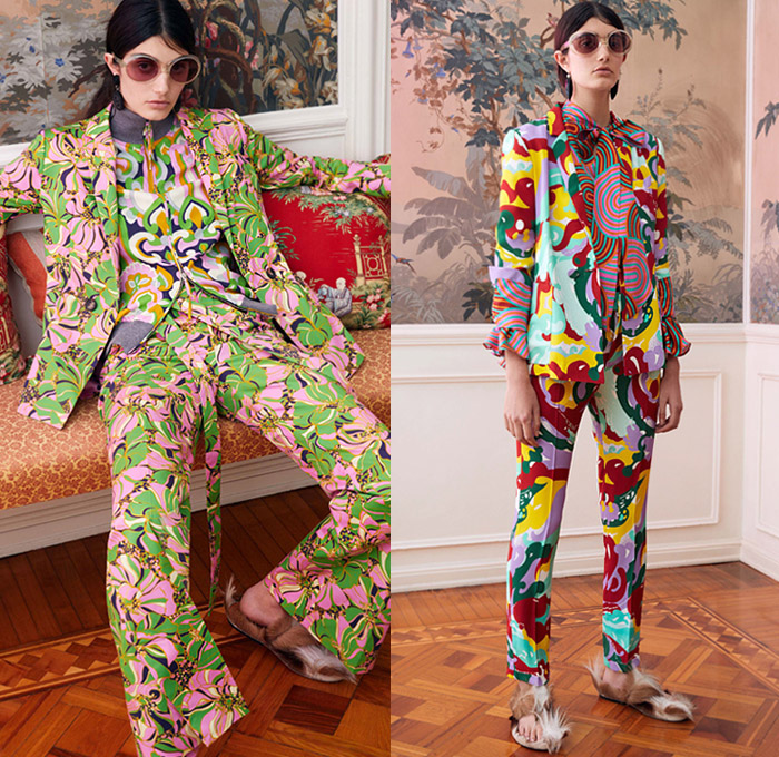 La DoubleJ by J.J. Martin 2019 Pre-Fall Autumn Womens Lookbook Presentation – 1960s Sixties Colorful Retro Prints Flowers Floral Butterfly Hypnotic Pantsuit Tracksuit Jogger Blouse Pussycat Bow Fringes Scarf Wide Bell Sleeves Accordion Pleats Coat Tiered Ruffles Noodle Strap One Shoulder Dress Long Skirt Gown Cuffs Round Sunglasses Tie Up Platforms Furry Slippers