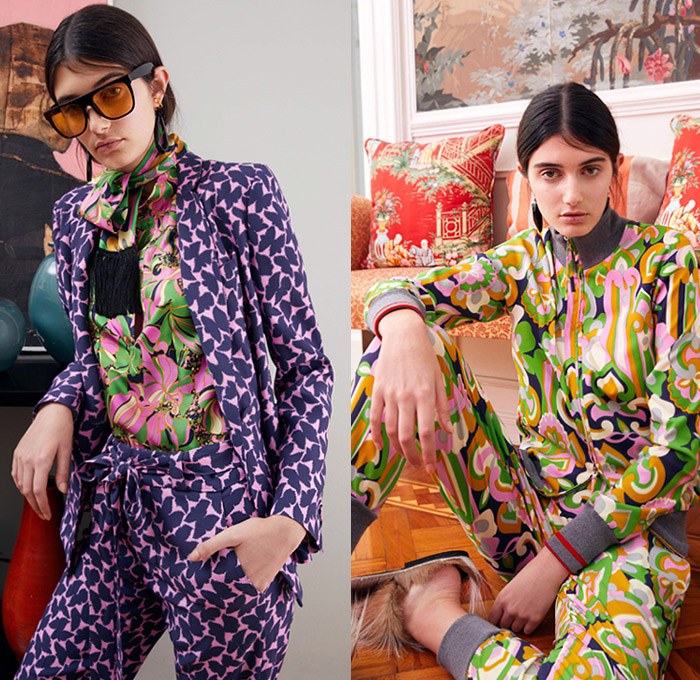 La DoubleJ by J.J. Martin 2019 Pre-Fall Autumn Womens Lookbook Presentation – 1960s Sixties Colorful Retro Prints Flowers Floral Butterfly Hypnotic Pantsuit Tracksuit Jogger Blouse Pussycat Bow Fringes Scarf Wide Bell Sleeves Accordion Pleats Coat Tiered Ruffles Noodle Strap One Shoulder Dress Long Skirt Gown Cuffs Round Sunglasses Tie Up Platforms Furry Slippers