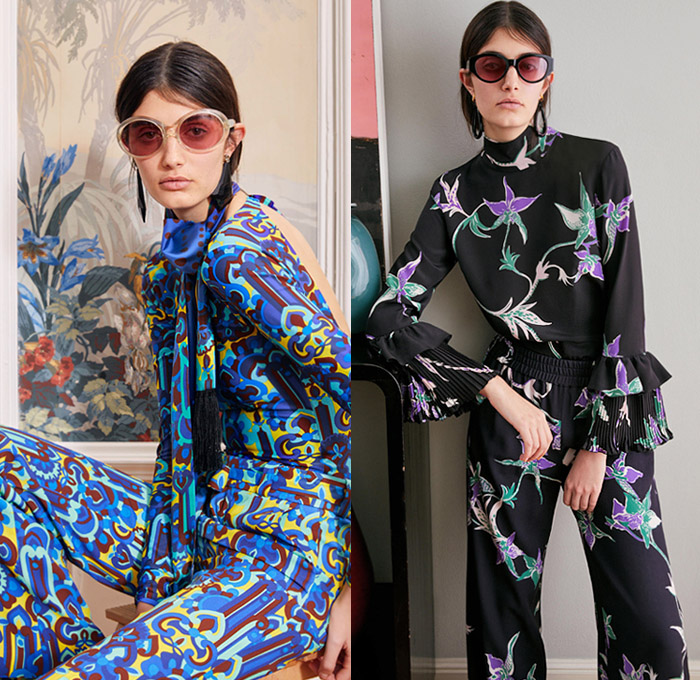 La DoubleJ by J.J. Martin 2019 Pre-Fall Autumn Womens Lookbook Presentation – 1960s Sixties Colorful Retro Prints Flowers Floral Butterfly Hypnotic Pantsuit Tracksuit Jogger Blouse Pussycat Bow Fringes Scarf Wide Bell Sleeves Accordion Pleats Coat Tiered Ruffles Noodle Strap One Shoulder Dress Long Skirt Gown Cuffs Round Sunglasses Tie Up Platforms Furry Slippers