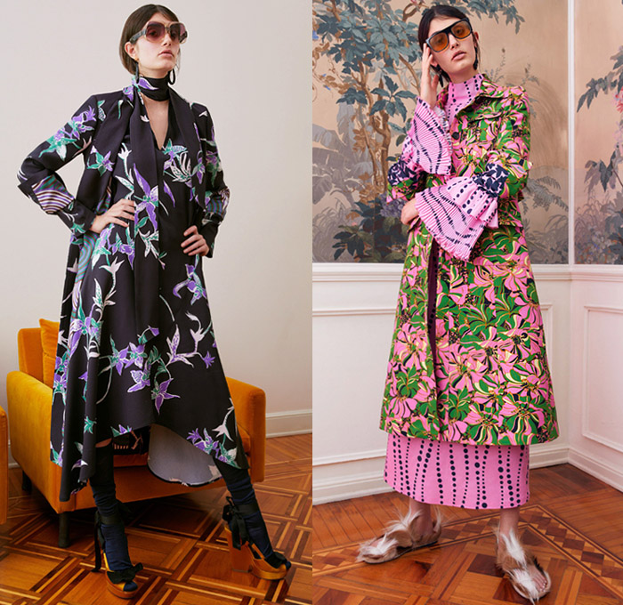 La DoubleJ by J.J. Martin 2019 Pre-Fall Autumn Womens Lookbook Presentation – 1960s Sixties Colorful Retro Prints Flowers Floral Butterfly Hypnotic Pantsuit Tracksuit Jogger Blouse Pussycat Bow Fringes Scarf Wide Bell Sleeves Accordion Pleats Coat Tiered Ruffles Noodle Strap One Shoulder Dress Long Skirt Gown Cuffs Round Sunglasses Tie Up Platforms Furry Slippers