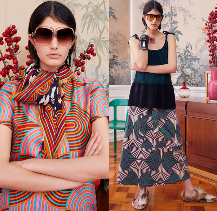 La DoubleJ by J.J. Martin 2019 Pre-Fall Autumn Womens Lookbook Presentation – 1960s Sixties Colorful Retro Prints Flowers Floral Butterfly Hypnotic Pantsuit Tracksuit Jogger Blouse Pussycat Bow Fringes Scarf Wide Bell Sleeves Accordion Pleats Coat Tiered Ruffles Noodle Strap One Shoulder Dress Long Skirt Gown Cuffs Round Sunglasses Tie Up Platforms Furry Slippers