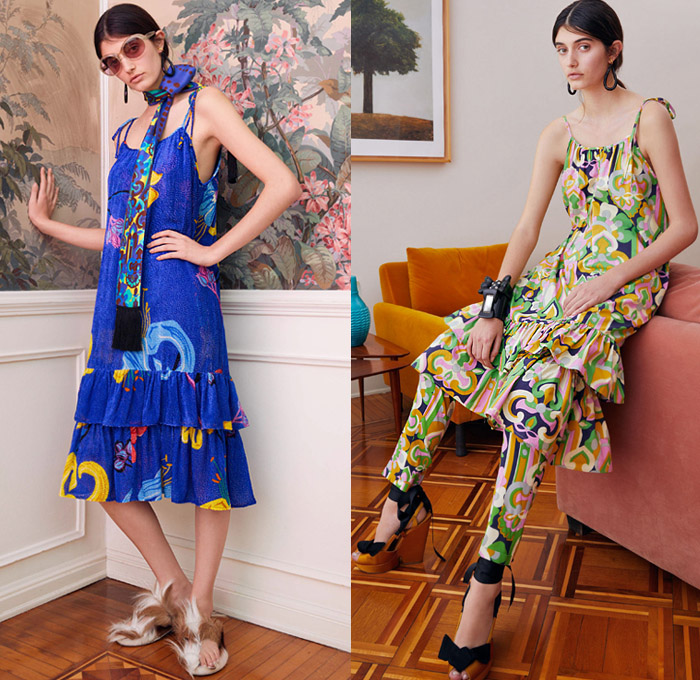 La DoubleJ by J.J. Martin 2019 Pre-Fall Autumn Womens Lookbook Presentation – 1960s Sixties Colorful Retro Prints Flowers Floral Butterfly Hypnotic Pantsuit Tracksuit Jogger Blouse Pussycat Bow Fringes Scarf Wide Bell Sleeves Accordion Pleats Coat Tiered Ruffles Noodle Strap One Shoulder Dress Long Skirt Gown Cuffs Round Sunglasses Tie Up Platforms Furry Slippers