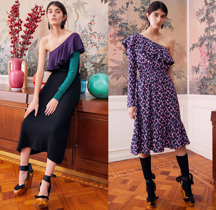 La DoubleJ by J.J. Martin 2019 Pre-Fall Autumn Womens Lookbook Presentation – 1960s Sixties Colorful Retro Prints Flowers Floral Butterfly Hypnotic Pantsuit Tracksuit Jogger Blouse Pussycat Bow Fringes Scarf Wide Bell Sleeves Accordion Pleats Coat Tiered Ruffles Noodle Strap One Shoulder Dress Long Skirt Gown Cuffs Round Sunglasses Tie Up Platforms Furry Slippers