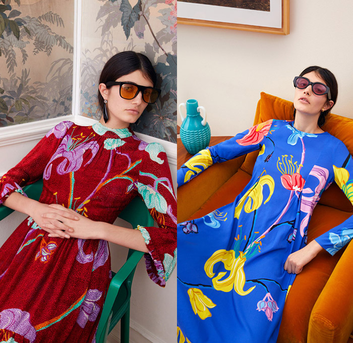 La DoubleJ by J.J. Martin 2019 Pre-Fall Autumn Womens Lookbook Presentation – 1960s Sixties Colorful Retro Prints Flowers Floral Butterfly Hypnotic Pantsuit Tracksuit Jogger Blouse Pussycat Bow Fringes Scarf Wide Bell Sleeves Accordion Pleats Coat Tiered Ruffles Noodle Strap One Shoulder Dress Long Skirt Gown Cuffs Round Sunglasses Tie Up Platforms Furry Slippers