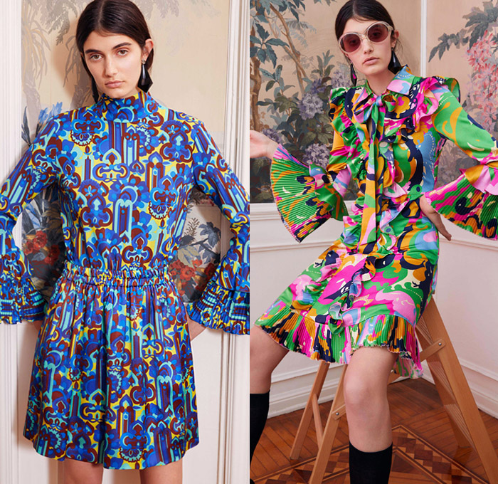 La DoubleJ by J.J. Martin 2019 Pre-Fall Autumn Womens Lookbook Presentation – 1960s Sixties Colorful Retro Prints Flowers Floral Butterfly Hypnotic Pantsuit Tracksuit Jogger Blouse Pussycat Bow Fringes Scarf Wide Bell Sleeves Accordion Pleats Coat Tiered Ruffles Noodle Strap One Shoulder Dress Long Skirt Gown Cuffs Round Sunglasses Tie Up Platforms Furry Slippers