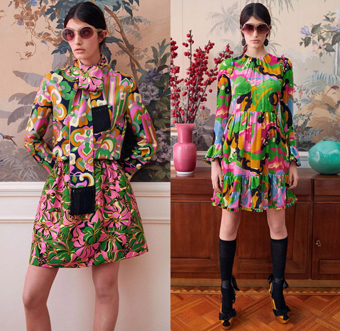 La DoubleJ by J.J. Martin 2019 Pre-Fall Autumn Womens Lookbook Presentation – 1960s Sixties Colorful Retro Prints Flowers Floral Butterfly Hypnotic Pantsuit Tracksuit Jogger Blouse Pussycat Bow Fringes Scarf Wide Bell Sleeves Accordion Pleats Coat Tiered Ruffles Noodle Strap One Shoulder Dress Long Skirt Gown Cuffs Round Sunglasses Tie Up Platforms Furry Slippers