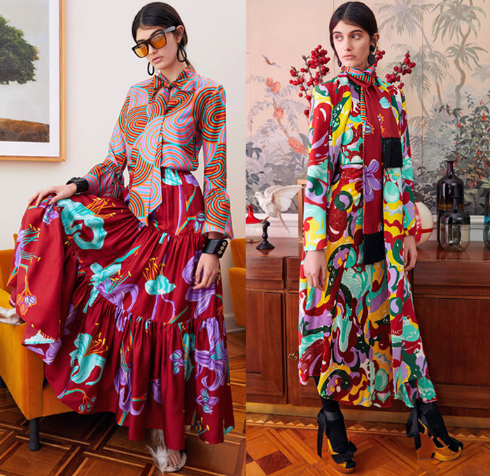 La DoubleJ by J.J. Martin 2019 Pre-Fall Autumn Womens Lookbook Presentation – 1960s Sixties Colorful Retro Prints Flowers Floral Butterfly Hypnotic Pantsuit Tracksuit Jogger Blouse Pussycat Bow Fringes Scarf Wide Bell Sleeves Accordion Pleats Coat Tiered Ruffles Noodle Strap One Shoulder Dress Long Skirt Gown Cuffs Round Sunglasses Tie Up Platforms Furry Slippers