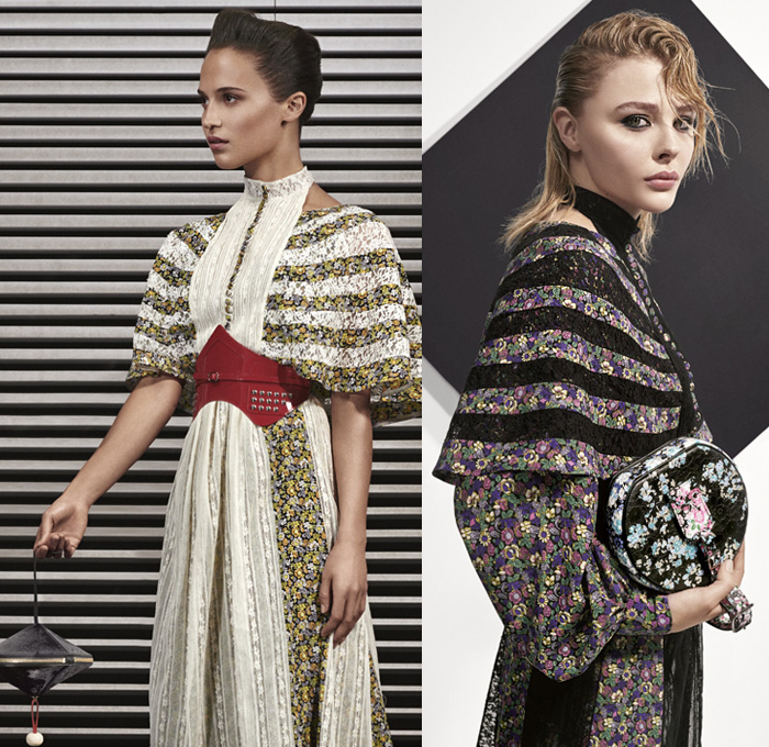 Louis Vuitton 2019 Pre-Fall Autumn Womens Lookbook Presentation - Oversleeve Capelet Pellegrina Flowers Floral Print Lace Embroidery Halterneck Dress Studded Wide Belt Cheetah Pattern Leather Plaid Check Tartan Coat Bedazzled Sequins Peacoat Bomber Jacket Scarf Pussycat Bow Turtleneck Ruffles Vest Long Sleeve Shirt Angular Hem Skirt Flare Pants Handbag Purse Box Clutch Bucket Bag Wedge Heeled Boots