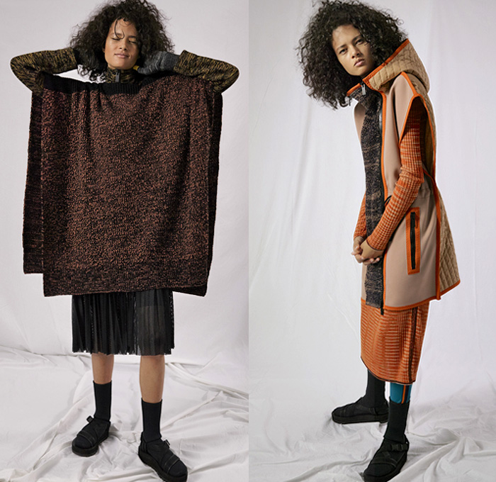 M Missoni 2019 Pre-Fall Autumn Womens Lookbook Presentation - Layers Chunky Knit Weave Crochet Mesh Knitwear Sweater Cardigan Poncho Hanging Sleeve Zigzag Geometric Pattern Leggings Cycling Compression Shorts Tights Sheer Chiffon Skirt Quilted Tabard Vest Plaid Check Zipper Stripes Onesie Jumpsuit Coveralls Sweaterdress Scarf Halterneck Wide Leg Flare Beanie Gloves Sandals