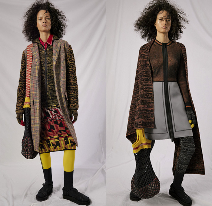 M Missoni 2019 Pre-Fall Autumn Womens Lookbook Presentation - Layers Chunky Knit Weave Crochet Mesh Knitwear Sweater Cardigan Poncho Hanging Sleeve Zigzag Geometric Pattern Leggings Cycling Compression Shorts Tights Sheer Chiffon Skirt Quilted Tabard Vest Plaid Check Zipper Stripes Onesie Jumpsuit Coveralls Sweaterdress Scarf Halterneck Wide Leg Flare Beanie Gloves Sandals