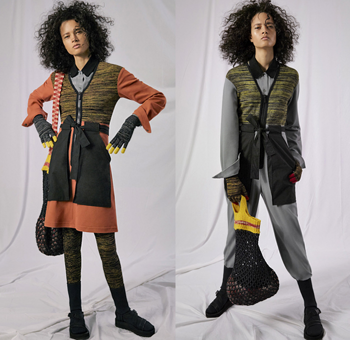 M Missoni 2019 Pre-Fall Autumn Womens Lookbook Presentation - Layers Chunky Knit Weave Crochet Mesh Knitwear Sweater Cardigan Poncho Hanging Sleeve Zigzag Geometric Pattern Leggings Cycling Compression Shorts Tights Sheer Chiffon Skirt Quilted Tabard Vest Plaid Check Zipper Stripes Onesie Jumpsuit Coveralls Sweaterdress Scarf Halterneck Wide Leg Flare Beanie Gloves Sandals