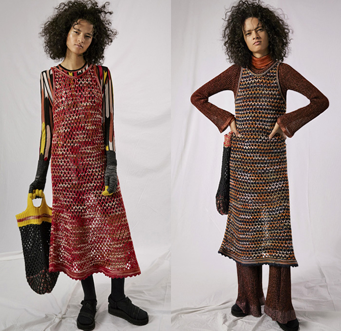 M Missoni 2019 Pre-Fall Autumn Womens Lookbook Presentation - Layers Chunky Knit Weave Crochet Mesh Knitwear Sweater Cardigan Poncho Hanging Sleeve Zigzag Geometric Pattern Leggings Cycling Compression Shorts Tights Sheer Chiffon Skirt Quilted Tabard Vest Plaid Check Zipper Stripes Onesie Jumpsuit Coveralls Sweaterdress Scarf Halterneck Wide Leg Flare Beanie Gloves Sandals
