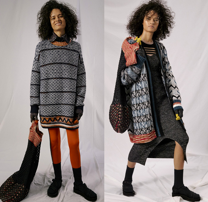 M Missoni 2019 Pre-Fall Autumn Womens Lookbook Presentation - Layers Chunky Knit Weave Crochet Mesh Knitwear Sweater Cardigan Poncho Hanging Sleeve Zigzag Geometric Pattern Leggings Cycling Compression Shorts Tights Sheer Chiffon Skirt Quilted Tabard Vest Plaid Check Zipper Stripes Onesie Jumpsuit Coveralls Sweaterdress Scarf Halterneck Wide Leg Flare Beanie Gloves Sandals