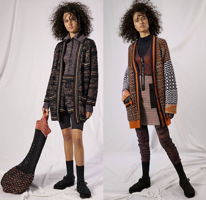 M Missoni 2019 Pre-Fall Autumn Womens Lookbook Presentation - Layers Chunky Knit Weave Crochet Mesh Knitwear Sweater Cardigan Poncho Hanging Sleeve Zigzag Geometric Pattern Leggings Cycling Compression Shorts Tights Sheer Chiffon Skirt Quilted Tabard Vest Plaid Check Zipper Stripes Onesie Jumpsuit Coveralls Sweaterdress Scarf Halterneck Wide Leg Flare Beanie Gloves Sandals