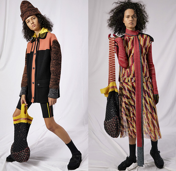 M Missoni 2019 Pre-Fall Autumn Womens Lookbook Presentation - Layers Chunky Knit Weave Crochet Mesh Knitwear Sweater Cardigan Poncho Hanging Sleeve Zigzag Geometric Pattern Leggings Cycling Compression Shorts Tights Sheer Chiffon Skirt Quilted Tabard Vest Plaid Check Zipper Stripes Onesie Jumpsuit Coveralls Sweaterdress Scarf Halterneck Wide Leg Flare Beanie Gloves Sandals