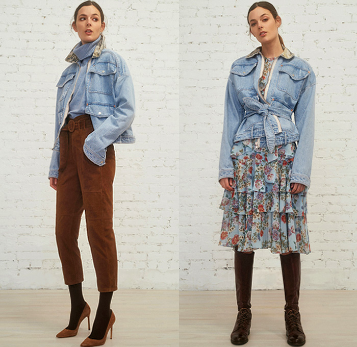 Marissa Webb 2019 Pre-Fall Autumn Womens Lookbook Presentation - Destroyed Denim Jeans Jacket Cargo Utility Pockets Knit Turtleneck Sweater Leg O'Mutton Sleeves Knot Tie Up Waist Crop Top Midriff Tapered Pants Camouflage Flowers Floral Tiered Zipper Army Green Fatigues Blouse Poufy Shoulders Buttons Asymmetrical Closure Plaid Check Jorts Cutoffs Shorts Miniskirt Pantsuit Stockings Tights Ruffles Sheer Chiffon Dress Boots