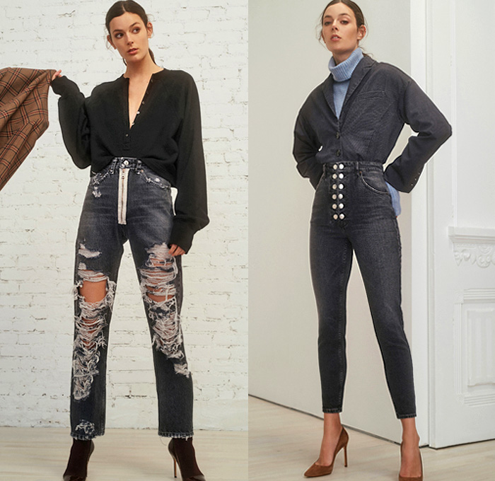 Marissa Webb 2019 Pre-Fall Autumn Womens Lookbook Presentation - Destroyed Denim Jeans Jacket Cargo Utility Pockets Knit Turtleneck Sweater Leg O'Mutton Sleeves Knot Tie Up Waist Crop Top Midriff Tapered Pants Camouflage Flowers Floral Tiered Zipper Army Green Fatigues Blouse Poufy Shoulders Buttons Asymmetrical Closure Plaid Check Jorts Cutoffs Shorts Miniskirt Pantsuit Stockings Tights Ruffles Sheer Chiffon Dress Boots