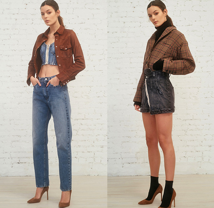 Marissa Webb 2019 Pre-Fall Autumn Womens Lookbook Presentation - Destroyed Denim Jeans Jacket Cargo Utility Pockets Knit Turtleneck Sweater Leg O'Mutton Sleeves Knot Tie Up Waist Crop Top Midriff Tapered Pants Camouflage Flowers Floral Tiered Zipper Army Green Fatigues Blouse Poufy Shoulders Buttons Asymmetrical Closure Plaid Check Jorts Cutoffs Shorts Miniskirt Pantsuit Stockings Tights Ruffles Sheer Chiffon Dress Boots