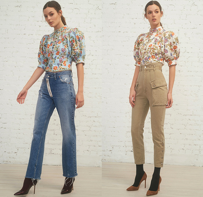 Marissa Webb 2019 Pre-Fall Autumn Womens Lookbook Presentation - Destroyed Denim Jeans Jacket Cargo Utility Pockets Knit Turtleneck Sweater Leg O'Mutton Sleeves Knot Tie Up Waist Crop Top Midriff Tapered Pants Camouflage Flowers Floral Tiered Zipper Army Green Fatigues Blouse Poufy Shoulders Buttons Asymmetrical Closure Plaid Check Jorts Cutoffs Shorts Miniskirt Pantsuit Stockings Tights Ruffles Sheer Chiffon Dress Boots