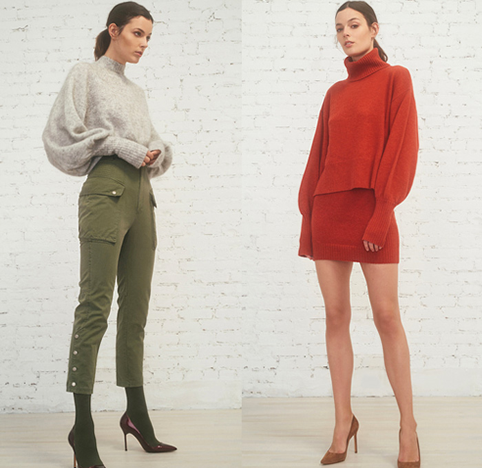 Marissa Webb 2019 Pre-Fall Autumn Womens Lookbook Presentation - Destroyed Denim Jeans Jacket Cargo Utility Pockets Knit Turtleneck Sweater Leg O'Mutton Sleeves Knot Tie Up Waist Crop Top Midriff Tapered Pants Camouflage Flowers Floral Tiered Zipper Army Green Fatigues Blouse Poufy Shoulders Buttons Asymmetrical Closure Plaid Check Jorts Cutoffs Shorts Miniskirt Pantsuit Stockings Tights Ruffles Sheer Chiffon Dress Boots