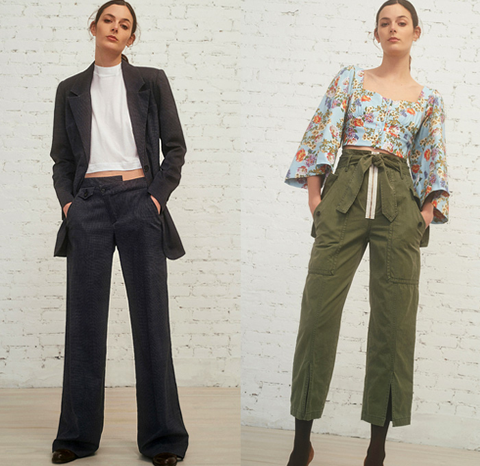 Marissa Webb 2019 Pre-Fall Autumn Womens Lookbook Presentation - Destroyed Denim Jeans Jacket Cargo Utility Pockets Knit Turtleneck Sweater Leg O'Mutton Sleeves Knot Tie Up Waist Crop Top Midriff Tapered Pants Camouflage Flowers Floral Tiered Zipper Army Green Fatigues Blouse Poufy Shoulders Buttons Asymmetrical Closure Plaid Check Jorts Cutoffs Shorts Miniskirt Pantsuit Stockings Tights Ruffles Sheer Chiffon Dress Boots