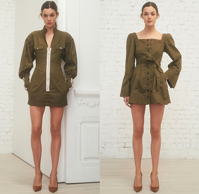 Marissa Webb 2019 Pre-Fall Autumn Womens Lookbook Presentation - Destroyed Denim Jeans Jacket Cargo Utility Pockets Knit Turtleneck Sweater Leg O'Mutton Sleeves Knot Tie Up Waist Crop Top Midriff Tapered Pants Camouflage Flowers Floral Tiered Zipper Army Green Fatigues Blouse Poufy Shoulders Buttons Asymmetrical Closure Plaid Check Jorts Cutoffs Shorts Miniskirt Pantsuit Stockings Tights Ruffles Sheer Chiffon Dress Boots