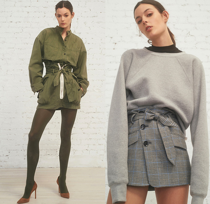 Marissa Webb 2019 Pre-Fall Autumn Womens Lookbook Presentation - Destroyed Denim Jeans Jacket Cargo Utility Pockets Knit Turtleneck Sweater Leg O'Mutton Sleeves Knot Tie Up Waist Crop Top Midriff Tapered Pants Camouflage Flowers Floral Tiered Zipper Army Green Fatigues Blouse Poufy Shoulders Buttons Asymmetrical Closure Plaid Check Jorts Cutoffs Shorts Miniskirt Pantsuit Stockings Tights Ruffles Sheer Chiffon Dress Boots