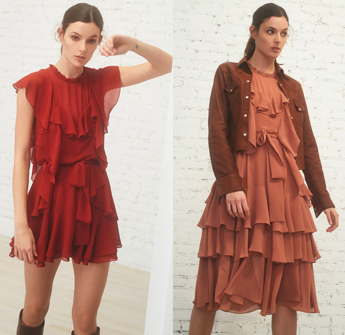 Marissa Webb 2019 Pre-Fall Autumn Womens Lookbook Presentation - Destroyed Denim Jeans Jacket Cargo Utility Pockets Knit Turtleneck Sweater Leg O'Mutton Sleeves Knot Tie Up Waist Crop Top Midriff Tapered Pants Camouflage Flowers Floral Tiered Zipper Army Green Fatigues Blouse Poufy Shoulders Buttons Asymmetrical Closure Plaid Check Jorts Cutoffs Shorts Miniskirt Pantsuit Stockings Tights Ruffles Sheer Chiffon Dress Boots