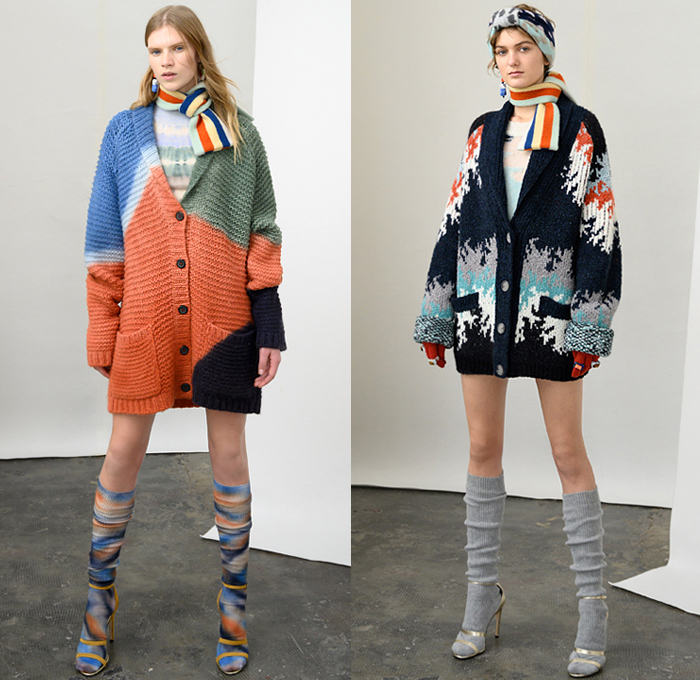 Missoni 2019 Pre-Fall Autumn Womens Lookbook Presentation - Chunky Knitwear Weave Frayed Raw Hem Alpaca Fur Shearling Upcycled Materials Nordic Geometric Decorative Sweaters British Sartorial Military Coat Uniforms Poncho Jacquard Patchwork Stripes Cardigan Sweaterdress Scarf Ombré Dégradé Denim Jeans Plaid Check Bomber Jacket Wide Leg Palazzo Pants Miniskirt Gloves Pantsuit Socks Leg Warmers Heels