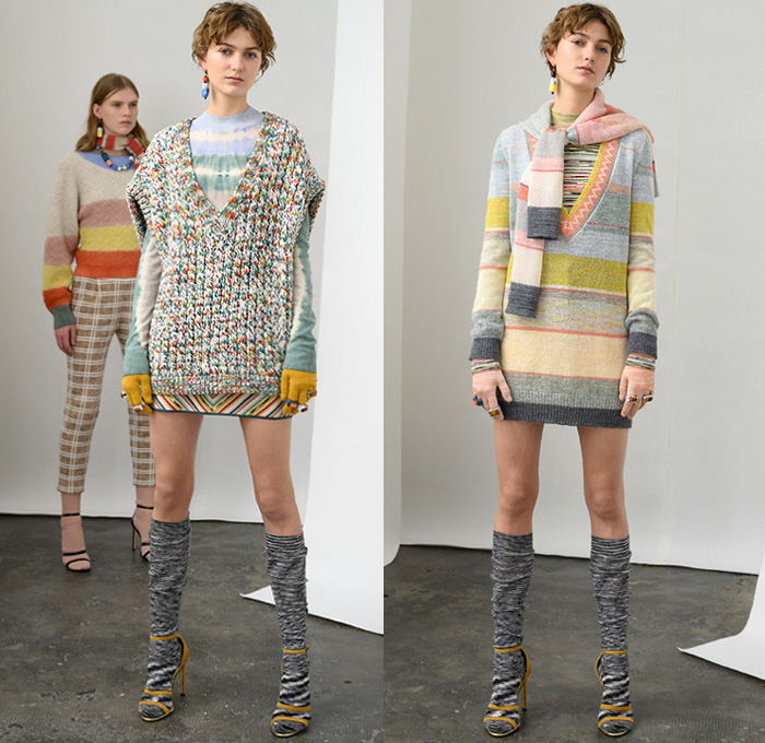 Missoni 2019 Pre-Fall Autumn Womens Lookbook Presentation - Chunky Knitwear Weave Frayed Raw Hem Alpaca Fur Shearling Upcycled Materials Nordic Geometric Decorative Sweaters British Sartorial Military Coat Uniforms Poncho Jacquard Patchwork Stripes Cardigan Sweaterdress Scarf Ombré Dégradé Denim Jeans Plaid Check Bomber Jacket Wide Leg Palazzo Pants Miniskirt Gloves Pantsuit Socks Leg Warmers Heels