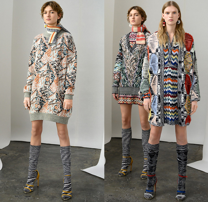 Missoni 2019 Pre-Fall Autumn Womens Lookbook Presentation - Chunky Knitwear Weave Frayed Raw Hem Alpaca Fur Shearling Upcycled Materials Nordic Geometric Decorative Sweaters British Sartorial Military Coat Uniforms Poncho Jacquard Patchwork Stripes Cardigan Sweaterdress Scarf Ombré Dégradé Denim Jeans Plaid Check Bomber Jacket Wide Leg Palazzo Pants Miniskirt Gloves Pantsuit Socks Leg Warmers Heels