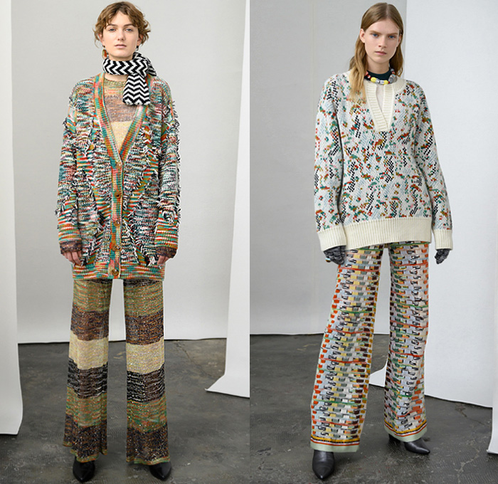 Missoni 2019 Pre-Fall Autumn Womens Lookbook Presentation - Chunky Knitwear Weave Frayed Raw Hem Alpaca Fur Shearling Upcycled Materials Nordic Geometric Decorative Sweaters British Sartorial Military Coat Uniforms Poncho Jacquard Patchwork Stripes Cardigan Sweaterdress Scarf Ombré Dégradé Denim Jeans Plaid Check Bomber Jacket Wide Leg Palazzo Pants Miniskirt Gloves Pantsuit Socks Leg Warmers Heels