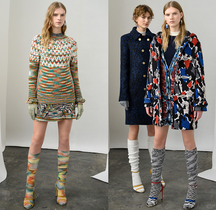 Missoni 2019 Pre-Fall Autumn Womens Lookbook Presentation - Chunky Knitwear Weave Frayed Raw Hem Alpaca Fur Shearling Upcycled Materials Nordic Geometric Decorative Sweaters British Sartorial Military Coat Uniforms Poncho Jacquard Patchwork Stripes Cardigan Sweaterdress Scarf Ombré Dégradé Denim Jeans Plaid Check Bomber Jacket Wide Leg Palazzo Pants Miniskirt Gloves Pantsuit Socks Leg Warmers Heels