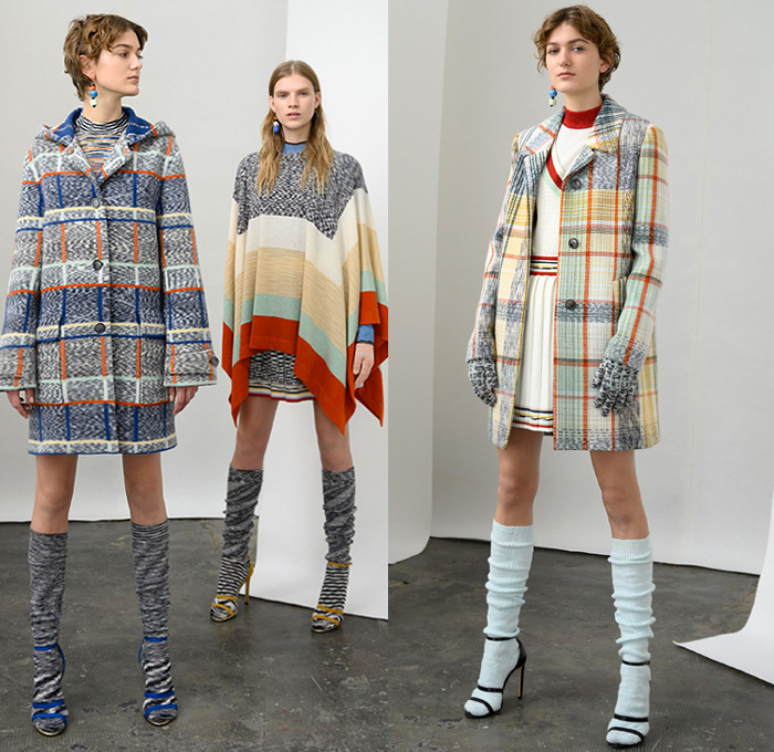 Missoni 2019 Pre-Fall Autumn Womens Lookbook Presentation - Chunky Knitwear Weave Frayed Raw Hem Alpaca Fur Shearling Upcycled Materials Nordic Geometric Decorative Sweaters British Sartorial Military Coat Uniforms Poncho Jacquard Patchwork Stripes Cardigan Sweaterdress Scarf Ombré Dégradé Denim Jeans Plaid Check Bomber Jacket Wide Leg Palazzo Pants Miniskirt Gloves Pantsuit Socks Leg Warmers Heels