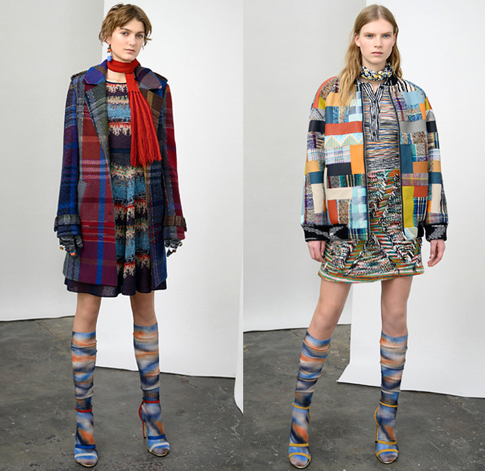 Missoni 2019 Pre-Fall Autumn Womens Lookbook Presentation - Chunky Knitwear Weave Frayed Raw Hem Alpaca Fur Shearling Upcycled Materials Nordic Geometric Decorative Sweaters British Sartorial Military Coat Uniforms Poncho Jacquard Patchwork Stripes Cardigan Sweaterdress Scarf Ombré Dégradé Denim Jeans Plaid Check Bomber Jacket Wide Leg Palazzo Pants Miniskirt Gloves Pantsuit Socks Leg Warmers Heels