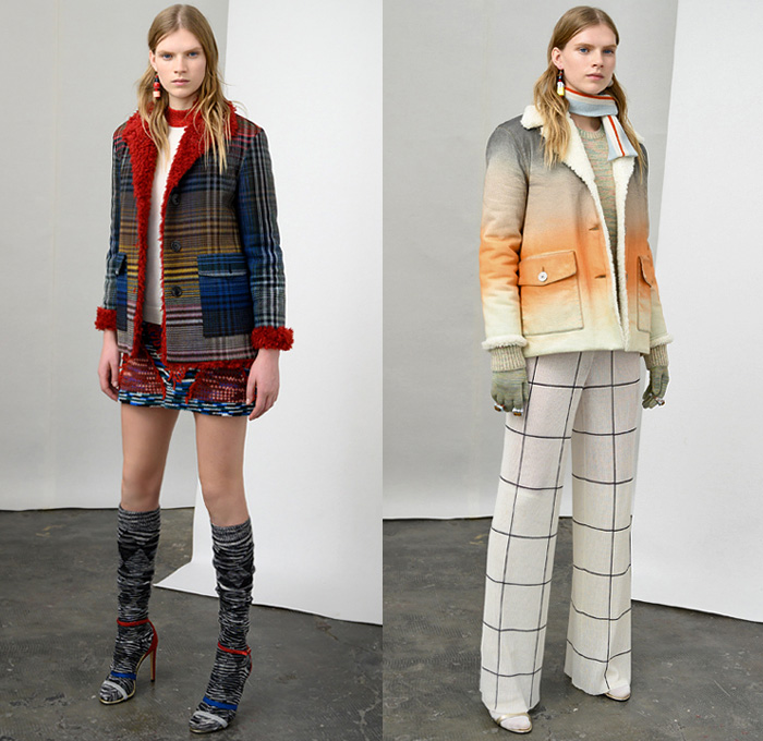 Missoni 2019 Pre-Fall Autumn Womens Lookbook Presentation - Chunky Knitwear Weave Frayed Raw Hem Alpaca Fur Shearling Upcycled Materials Nordic Geometric Decorative Sweaters British Sartorial Military Coat Uniforms Poncho Jacquard Patchwork Stripes Cardigan Sweaterdress Scarf Ombré Dégradé Denim Jeans Plaid Check Bomber Jacket Wide Leg Palazzo Pants Miniskirt Gloves Pantsuit Socks Leg Warmers Heels