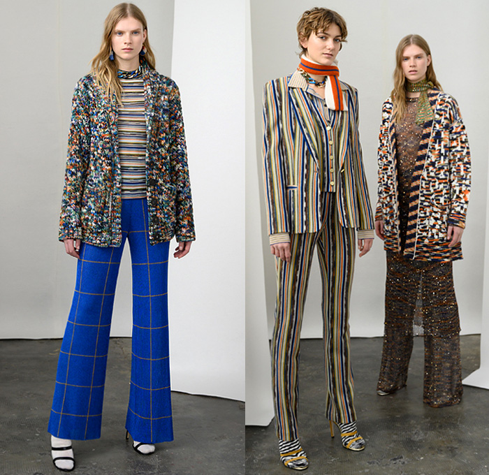 Missoni 2019 Pre-Fall Autumn Womens Lookbook Presentation - Chunky Knitwear Weave Frayed Raw Hem Alpaca Fur Shearling Upcycled Materials Nordic Geometric Decorative Sweaters British Sartorial Military Coat Uniforms Poncho Jacquard Patchwork Stripes Cardigan Sweaterdress Scarf Ombré Dégradé Denim Jeans Plaid Check Bomber Jacket Wide Leg Palazzo Pants Miniskirt Gloves Pantsuit Socks Leg Warmers Heels