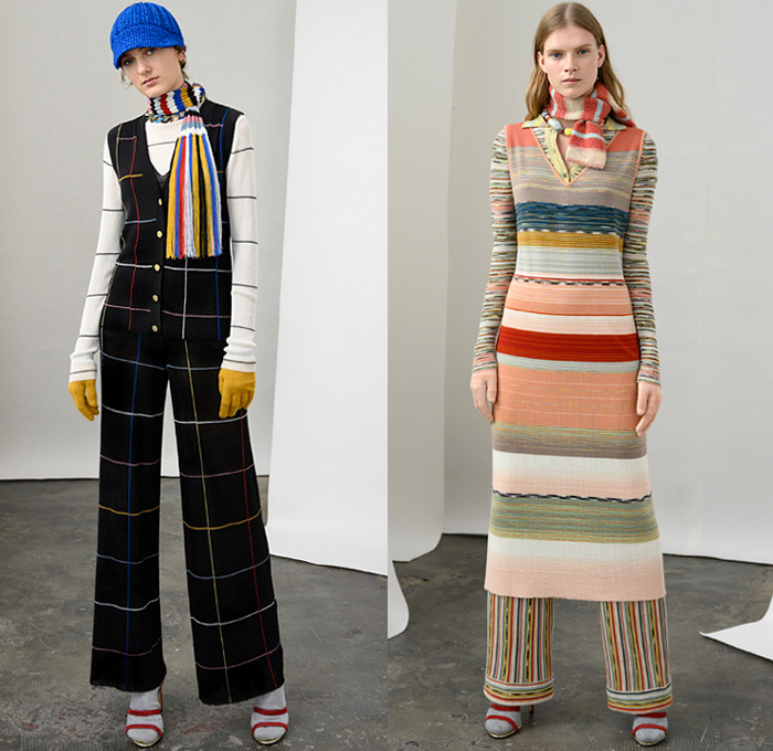 Missoni 2019 Pre-Fall Autumn Womens Lookbook Presentation - Chunky Knitwear Weave Frayed Raw Hem Alpaca Fur Shearling Upcycled Materials Nordic Geometric Decorative Sweaters British Sartorial Military Coat Uniforms Poncho Jacquard Patchwork Stripes Cardigan Sweaterdress Scarf Ombré Dégradé Denim Jeans Plaid Check Bomber Jacket Wide Leg Palazzo Pants Miniskirt Gloves Pantsuit Socks Leg Warmers Heels