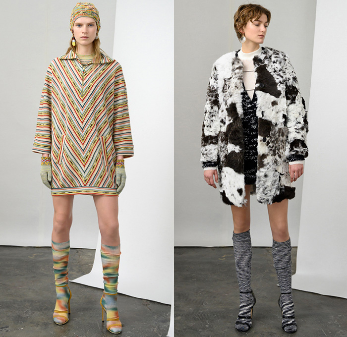 Missoni 2019 Pre-Fall Autumn Womens Lookbook Presentation - Chunky Knitwear Weave Frayed Raw Hem Alpaca Fur Shearling Upcycled Materials Nordic Geometric Decorative Sweaters British Sartorial Military Coat Uniforms Poncho Jacquard Patchwork Stripes Cardigan Sweaterdress Scarf Ombré Dégradé Denim Jeans Plaid Check Bomber Jacket Wide Leg Palazzo Pants Miniskirt Gloves Pantsuit Socks Leg Warmers Heels