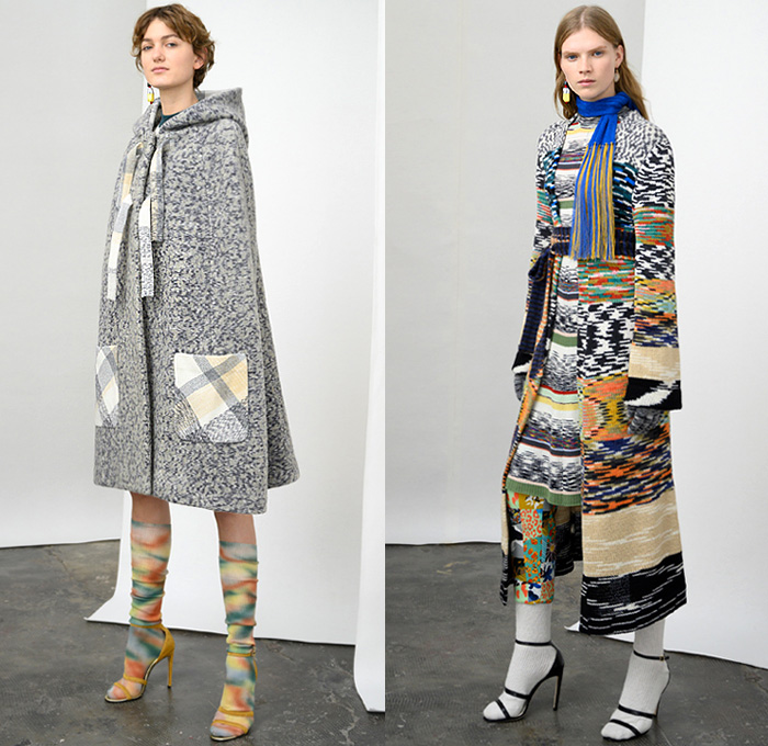 Missoni 2019 Pre-Fall Autumn Womens Lookbook Presentation - Chunky Knitwear Weave Frayed Raw Hem Alpaca Fur Shearling Upcycled Materials Nordic Geometric Decorative Sweaters British Sartorial Military Coat Uniforms Poncho Jacquard Patchwork Stripes Cardigan Sweaterdress Scarf Ombré Dégradé Denim Jeans Plaid Check Bomber Jacket Wide Leg Palazzo Pants Miniskirt Gloves Pantsuit Socks Leg Warmers Heels