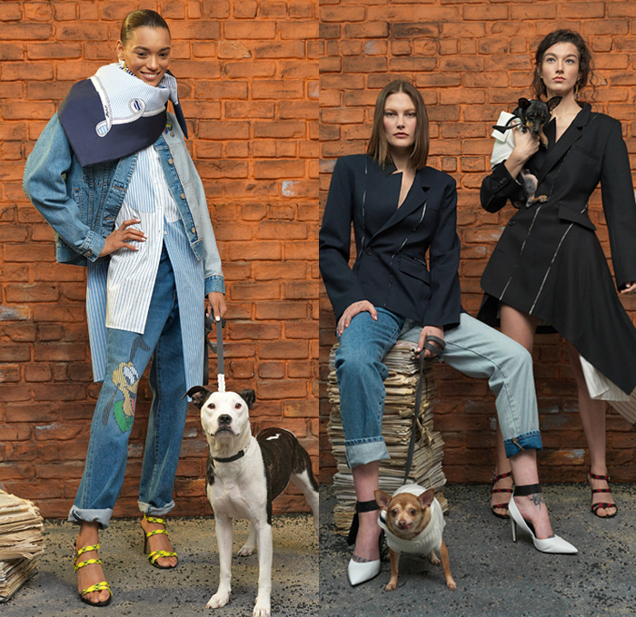 Monse 2019 Pre-Fall Autumn Womens Lookbook Presentation - Rescue Dogs Animal Shelter Disney Pluto Mickey Mouse Monsedale Preppy Deconstructed Denim Jeans Reverse Inside Out Shawl Stripes Shirting Blazerdress Incision Varsity Jacket Wide Lapel Plaid Check Safety Pin Knit Fold Over Peel Away One Shoulder Angular Hem Lace Embroidery Cutwork Balls Snap Buttons Tearaway Pants Halterneck Pantsuit Loungewear Wide Leg Paisley Decorative Art Bandanna Camouflage Leash Belts Straps Sandals