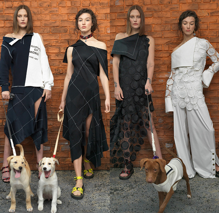 Monse 2019 Pre-Fall Autumn Womens Lookbook Presentation - Rescue Dogs Animal Shelter Disney Pluto Mickey Mouse Monsedale Preppy Deconstructed Denim Jeans Reverse Inside Out Shawl Stripes Shirting Blazerdress Incision Varsity Jacket Wide Lapel Plaid Check Safety Pin Knit Fold Over Peel Away One Shoulder Angular Hem Lace Embroidery Cutwork Balls Snap Buttons Tearaway Pants Halterneck Pantsuit Loungewear Wide Leg Paisley Decorative Art Bandanna Camouflage Leash Belts Straps Sandals