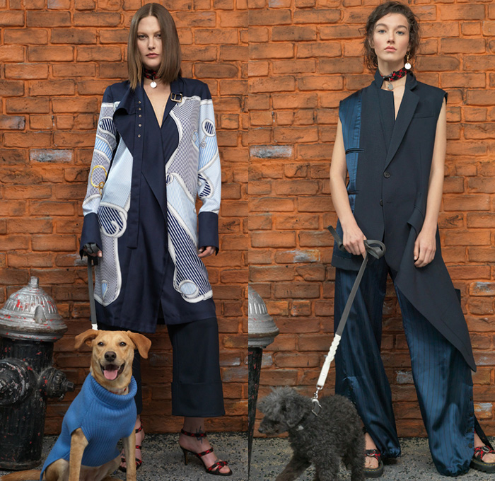 Monse 2019 Pre-Fall Autumn Womens Lookbook Presentation - Rescue Dogs Animal Shelter Disney Pluto Mickey Mouse Monsedale Preppy Deconstructed Denim Jeans Reverse Inside Out Shawl Stripes Shirting Blazerdress Incision Varsity Jacket Wide Lapel Plaid Check Safety Pin Knit Fold Over Peel Away One Shoulder Angular Hem Lace Embroidery Cutwork Balls Snap Buttons Tearaway Pants Halterneck Pantsuit Loungewear Wide Leg Paisley Decorative Art Bandanna Camouflage Leash Belts Straps Sandals