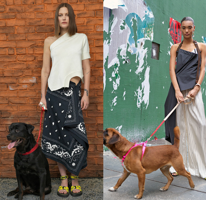 Monse 2019 Pre-Fall Autumn Womens Lookbook Presentation - Rescue Dogs Animal Shelter Disney Pluto Mickey Mouse Monsedale Preppy Deconstructed Denim Jeans Reverse Inside Out Shawl Stripes Shirting Blazerdress Incision Varsity Jacket Wide Lapel Plaid Check Safety Pin Knit Fold Over Peel Away One Shoulder Angular Hem Lace Embroidery Cutwork Balls Snap Buttons Tearaway Pants Halterneck Pantsuit Loungewear Wide Leg Paisley Decorative Art Bandanna Camouflage Leash Belts Straps Sandals