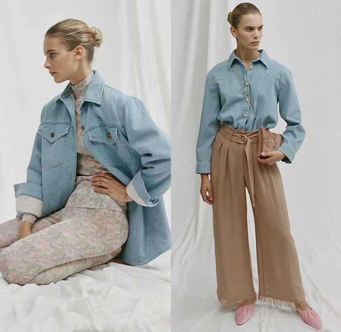 Nanushka 2019 Pre-Fall Autumn Womens Lookbook Presentation Sandra Sandor - Denim Jeans Jacket Mockneck Flowers Floral Tie Up Knot Wrap Silk Satin Loungewear Wide Leg Pants Fringes Snakeskin Zebra Leopard Print Tearaway Buttons Skirt One Shoulder Trench Coat Plaid Check Quilted Puffer Parka Cycling Bike Compression Shorts Tights Robe Rope Waist Shirtdress Onesie Dress Knit Sweater Wrapped Flats Kitten Heels Sandals Fanny Pack Waist Pouch Bum Bag Handbag