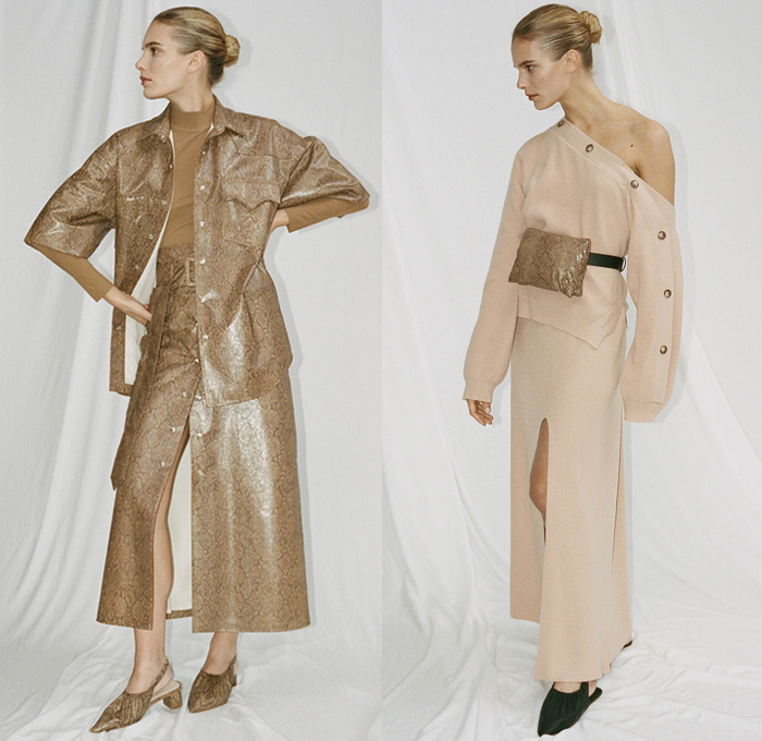 Nanushka 2019 Pre-Fall Autumn Womens Lookbook Presentation Sandra Sandor - Denim Jeans Jacket Mockneck Flowers Floral Tie Up Knot Wrap Silk Satin Loungewear Wide Leg Pants Fringes Snakeskin Zebra Leopard Print Tearaway Buttons Skirt One Shoulder Trench Coat Plaid Check Quilted Puffer Parka Cycling Bike Compression Shorts Tights Robe Rope Waist Shirtdress Onesie Dress Knit Sweater Wrapped Flats Kitten Heels Sandals Fanny Pack Waist Pouch Bum Bag Handbag