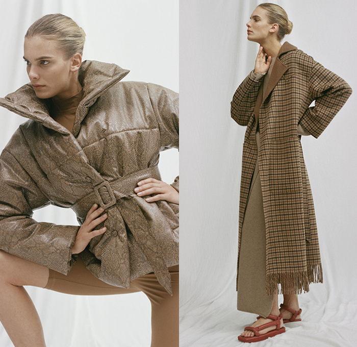 Nanushka 2019 Pre-Fall Autumn Womens Lookbook Presentation Sandra Sandor - Denim Jeans Jacket Mockneck Flowers Floral Tie Up Knot Wrap Silk Satin Loungewear Wide Leg Pants Fringes Snakeskin Zebra Leopard Print Tearaway Buttons Skirt One Shoulder Trench Coat Plaid Check Quilted Puffer Parka Cycling Bike Compression Shorts Tights Robe Rope Waist Shirtdress Onesie Dress Knit Sweater Wrapped Flats Kitten Heels Sandals Fanny Pack Waist Pouch Bum Bag Handbag